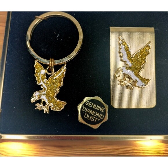 Marquis Genuine Diamond Dust Eagle Key Ring Matching Money Clip Gold Tone Metal - Picture 3 of 15